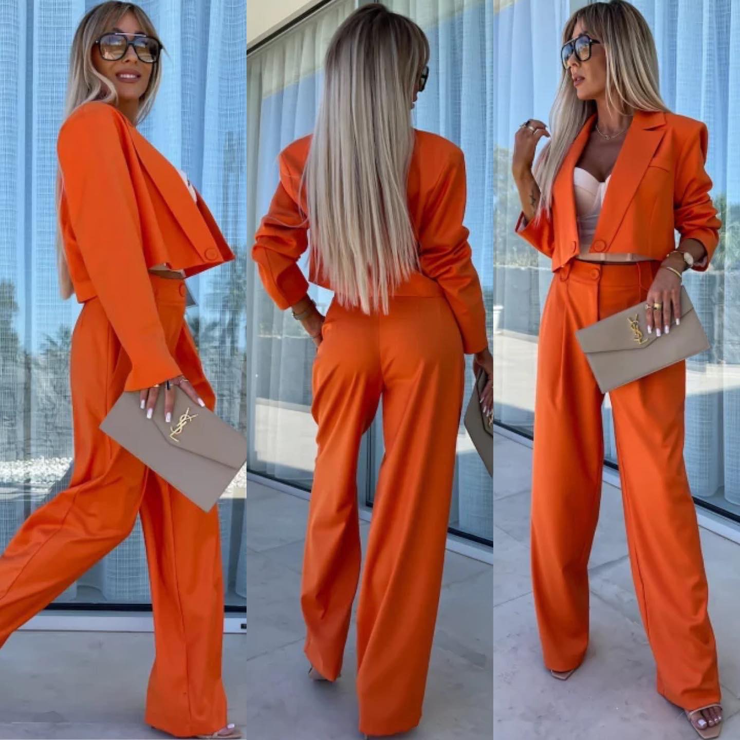 Σετ Παντελόνι Crop Σακάκι Lina Πορτοκαλί