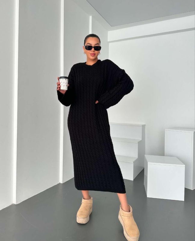 Πλεκτό Φόρεμα Με Πλεξούδες Μαύρο